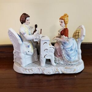 Vtg Dresden Porcelain Lace Figurine Victorian Couple Playing Violin and Piano